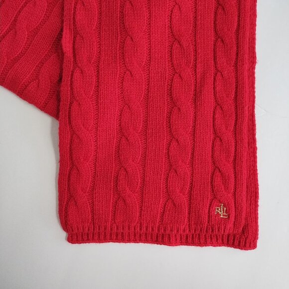 Lauren Ralph Lauren Monogram Cable Knit Wool & Alpaca Red Sweater Scarf - Picture 7 of 7